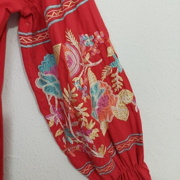 FREE PEOPLE FLEUR DU JOUR OFF-THE-SHOULDER EMBROIDERY DRESS RED Sz S MINI SHIFT - Picture 8 of 13